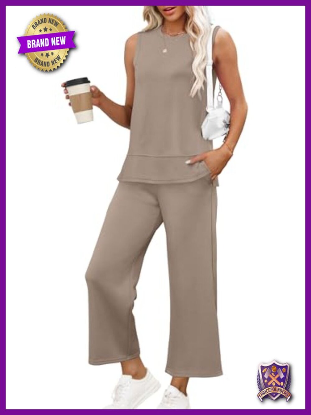 Women's 2 Piece Outfit Sleeveless Tunic Top Wide Leg Cropped Pants Loungewear